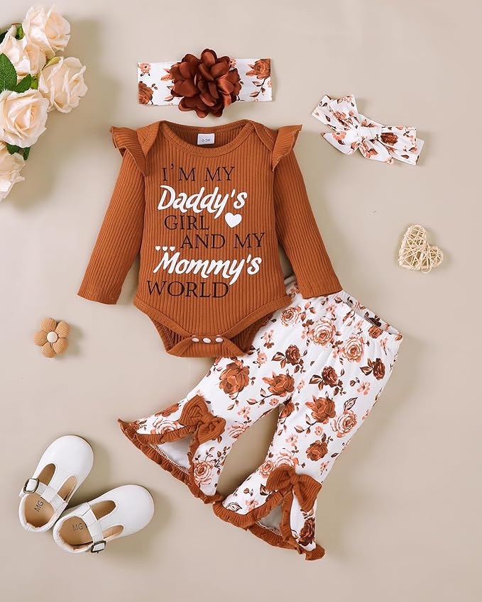 SUNNY PIGGY Newborn Baby Girl Clothes Infant Outfits Romper Floral Fall Outfit Bell Bottoms Pant Sets Hat Headband Flowerpant