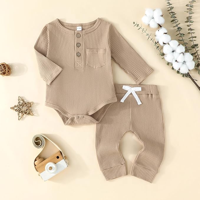 Newborn Baby Boy Girl Clothes Ribbed Knit Cotton Long Sleeve Romper Long Pant Preemie Solid Color Unisex Outfits