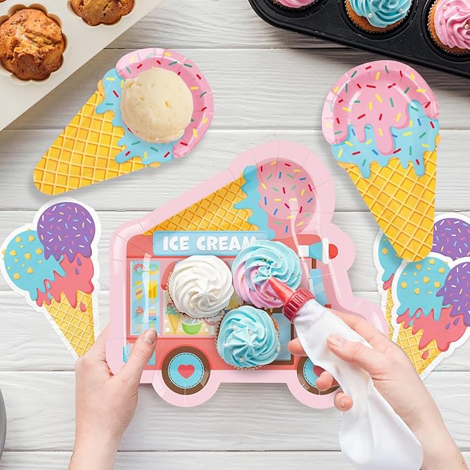 Ice Cream Party Supplies Kit for 24: Ultimate Bundle with Vibrant Paper Plates, Napkins, Cups, Tablecloth & Banner - Ice Cream Birthday Party Decorations