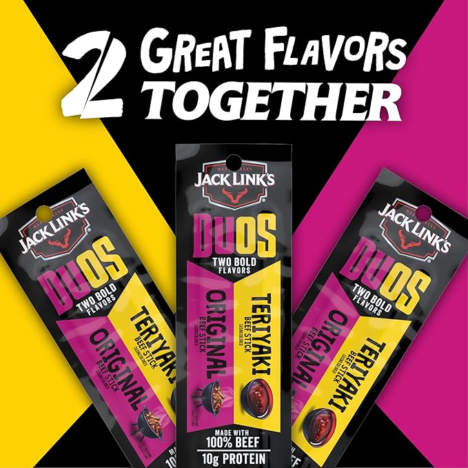 Jack Link's DUOs Beef Jerky Meat Snack Sticks with 10g Protein – Original & Teriyaki, Made with 100% Beef, Two Flavors in One Package, 1.84oz (10 Pack of 2 Sticks)