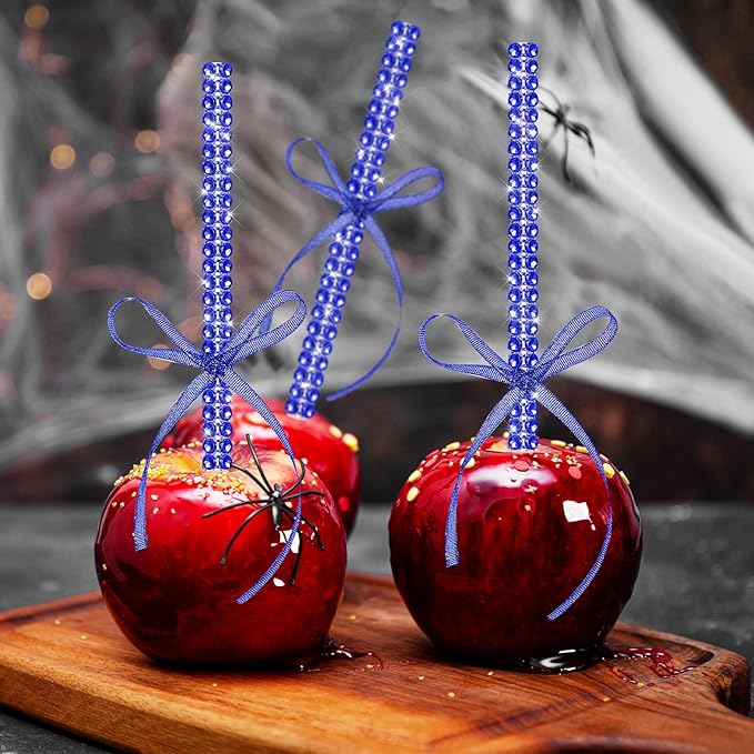 Bling Sticks for Candy Apples, 26Pcs Caramel Apple Wooden Pointed Skewers with 26Pcs Glass Bag and 22Yd Glitter Ribbons Tie, Fruit Cake Pop Chocolate Blue Crystal Bamboo Sticks for Party Favor