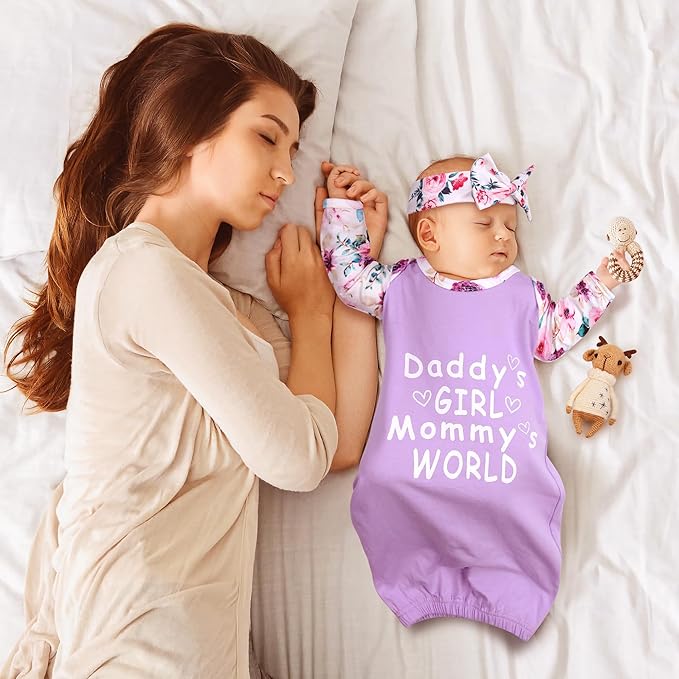 Newborn Baby Girl Gown 0-6 Months, Super Soft Newborn Sleepers Gown, Long Sleeve Infant Nightgown for Girls Boys, Baby Girl Outfit Essential with Headband Set Purple