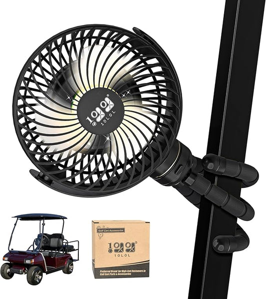 10L0L Golf Cart Fan - Universal Mount, 8000mAh Battery, 3-Speed Fan, LED Light, 56-Hour Runtime, Reverse Charging Function for Yamaha EZGO Club Car Golf Cart, Black