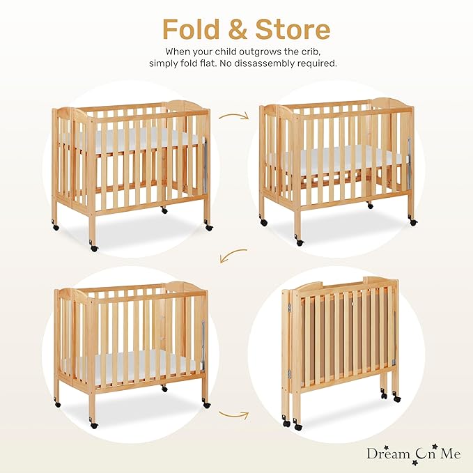 Dream On Me 3 in 1 Portable Folding Stationary Side Crib in Natural, Greenguard Gold Certified, Safety Wheel with Locking Casters, Convertible, 3 Mattress Heights