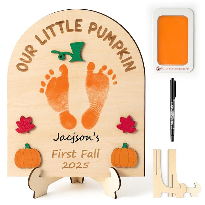 R HORSE Baby's First Fall Footprint or Handprint Art Sign Craft, Our Little Pumpkin DIY Wooden Hanging Decoration, Newborn Keepsake Gift for Baby First Fall Autumn Thanksgiving Baby Shower Photo Prop