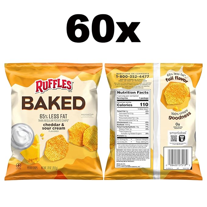 Baked, Ruffles Cheddar & Sour Cream, 0.8 Ounce (Pack of 60)