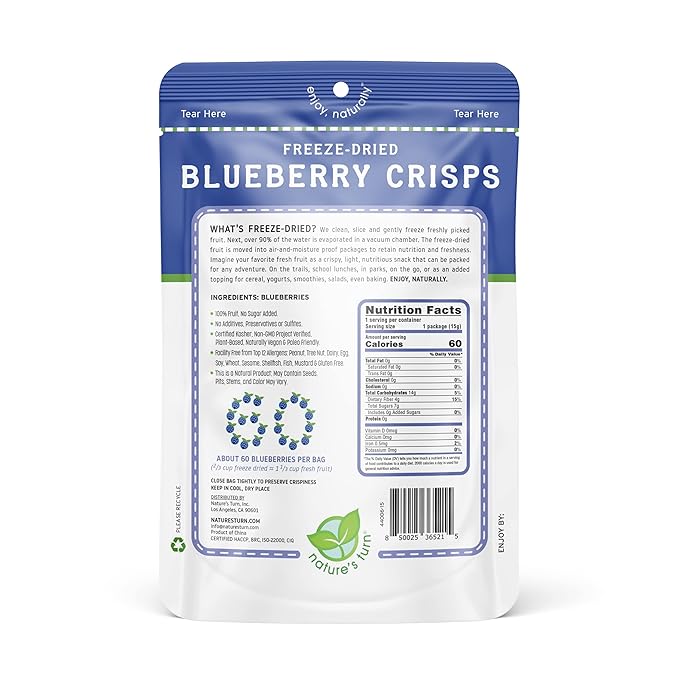 Nature’s Turn Freeze-Dried Blueberry Crisps – Healthy, Gluten-Free, Crispy & Delicious, Plant-Based Snack, Ideal for Cereal, Smoothies, School Lunches, & On-the-Go, Pack of 12 (0.53 oz Each)