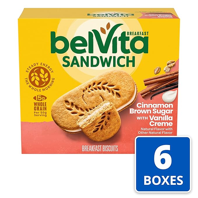 belVita Breakfast Bar Biscuit Sandwiches, Cinnamon Brown Sugar with Vanilla Creme, 30 Total Packs, 6 Boxes (2 Biscuits Per Pack)