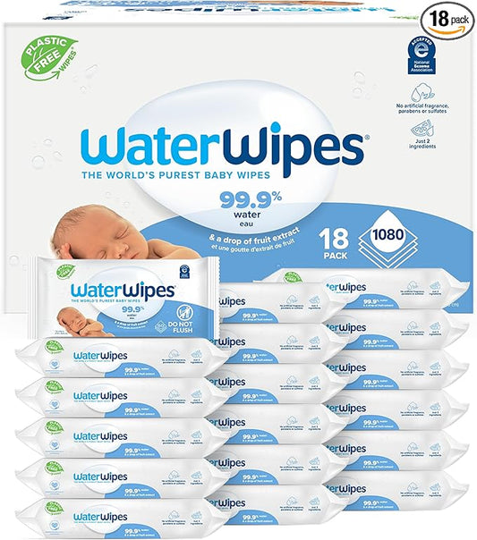 WaterWipes Sensitive+ Newborn & Baby Wipes, 3-In-1 Cleans, Cares, Protects, 99.9% Water, Unscented & Hypoallergenic, 1080 Count (18 Packs)