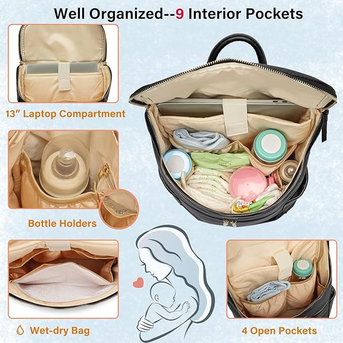 Leather Diaper Bag Backpack for Boy Girl Twins, Toddler Diaper Bag with Multiple Pockets, Cooler Compartment