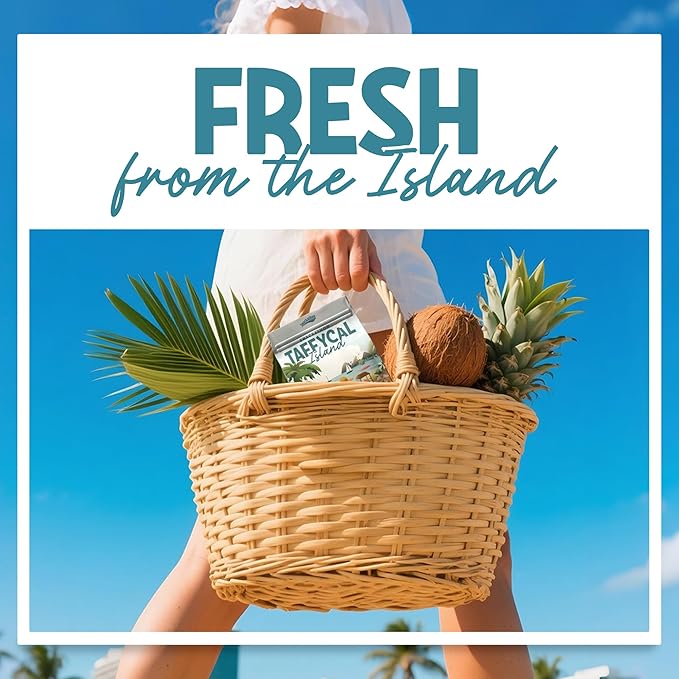 Snackathon Salt Water Taffy Assorted Mix – Taffycal Island Edition, 10-Flavor Tropical Variety, Individually Wrapped Soft & Chewy Gourmet Candy, Unique 7 oz Themed Bag for Gifting