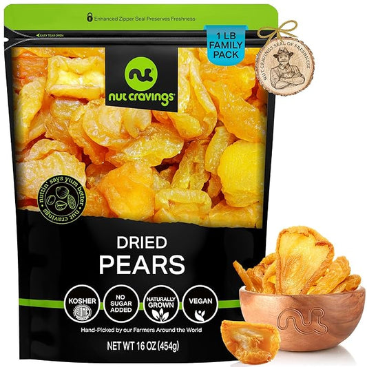 NUT CRAVINGS - Sun Dried California Pears, No Sugar Added (16oz, 1 LB) Bulk Dry Fruits Packed Fresh in Resealable Bag - Sweet Healthy Snack, Naturally Grown, Vegan, Kosher