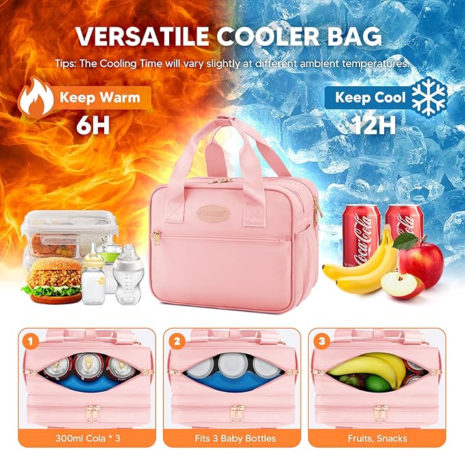 PIIOSER Breastmilk Cooler Bag with Ice Pack, Compatible with Wearable Breast Pumps & Accessories - Portable Pumps Carrying Case for Nursing & Working Moms, Pink