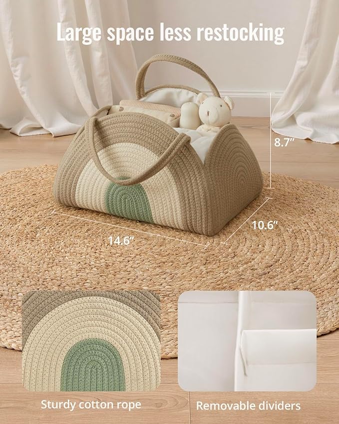 Blissful Diary Baby Diaper Caddy Organizer, Cotton Rope Diaper Caddy Basket, Large Storage Basket for Newborn Boys and Girls, Gift for Baby Shower List, Newborn Essentials, Natural Rainbow