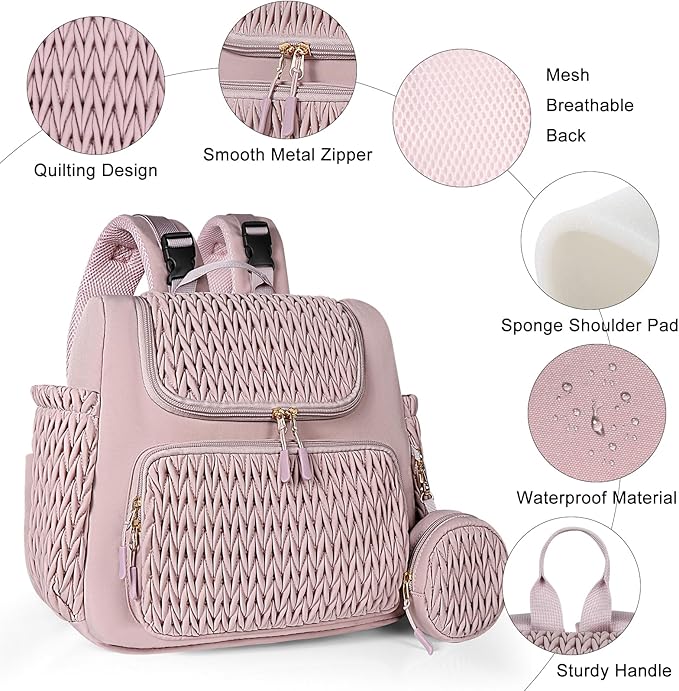 Geestock Diaper Bag Small Diaper Backpack, Stylish Quilted Baby Backpacks, Mini Maternity Bags, with Changing Pad, Pacifier Case & Stroller Straps, Parents Essentials Diaper Bag, Pink
