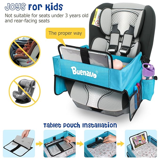 BUENAVO [New Version] Car Seat Organizer Kids Travel Tray for Kids Toddlers Activities in Car Seat, Stroller, Airplane | Waterproof Dry Erase Top | Side Pocket & Water Bottle Holder