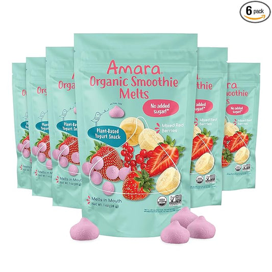 Amara Smoothie Melts - Mixed Red Berries - Baby Snacks Made With Fruits and Vegetables - Healthy Toddler Snacks For Your Kids Lunch Box - Organic Plant Based Yogurt Melts - 6 Resealable Bags