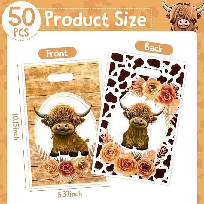 Highland Cow Party Favor Bags - 50Pcs Brown Cow Print Goody Candy Treat Gifts Bags, Highland Cattle Themed Party Decorations for Kids Birthday Baby Shower Animals Theme Events Supplies