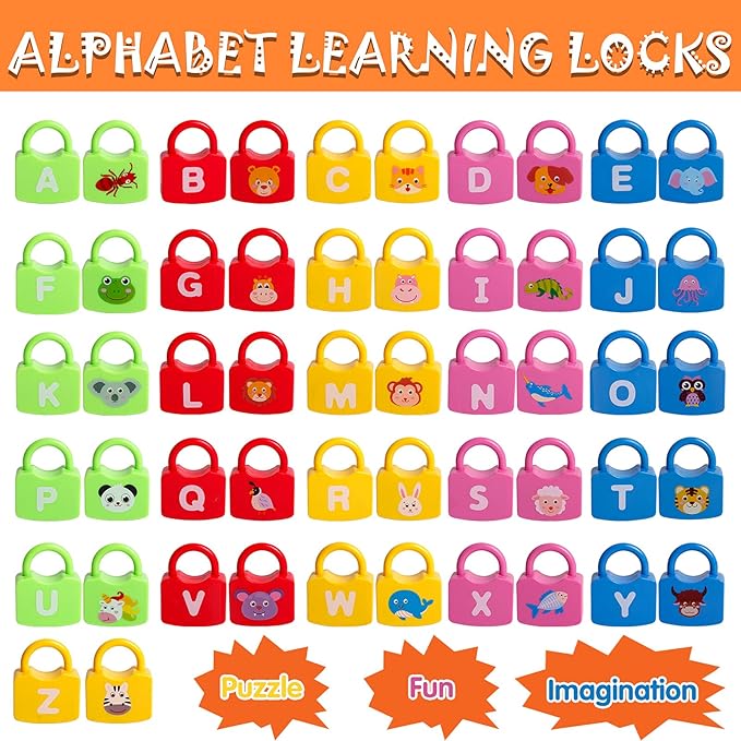 Color Alphabet Learning Lock Toys Educational Letter Combination-with 26 Locks, 26 Keys Montessori Preschool Alphabet Learning Game for Ages 3 yrs+