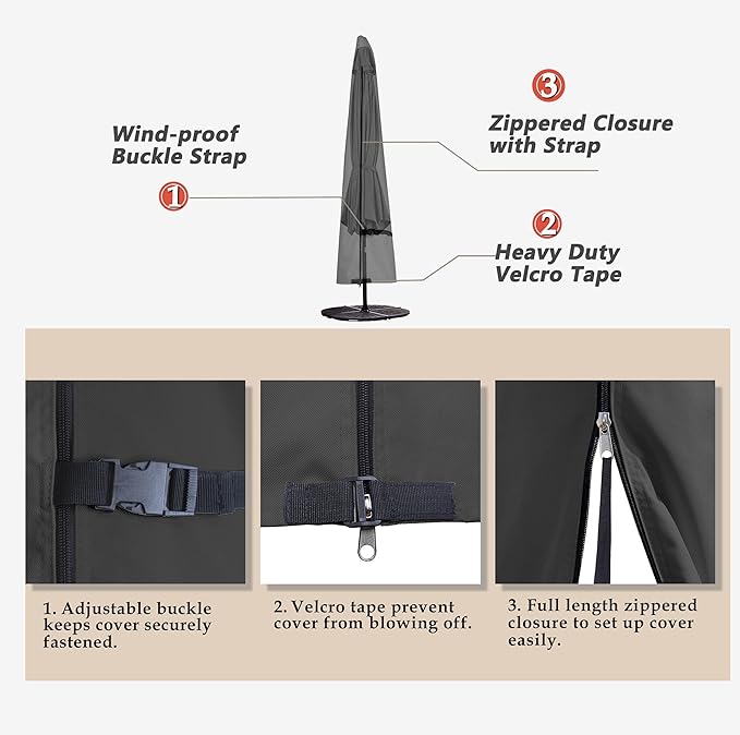 Porch Shield Patio Umbrella Cover - Outdoor Waterproof Garden Market Parasol Covers Fits Market Umbrella 7-10 Feet, Black