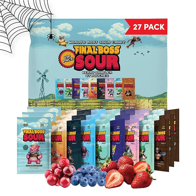 Final Boss Sour Candy Berry Variety, 27 Pack, All Sour Levels, Extreme Sour Fruit Chews with Real Dried Fruit, No Artificial Colors or Flavors, Low Calorie Snack for Kids, Teens, Adults & On The Go