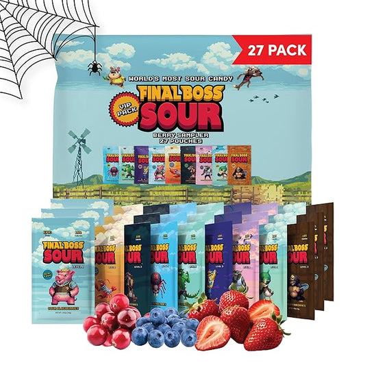 Final Boss Sour Candy Berry Variety, 27 Pack, All Sour Levels, Extreme Sour Fruit Chews with Real Dried Fruit, No Artificial Colors or Flavors, Low Calorie Snack for Kids, Teens, Adults & On The Go