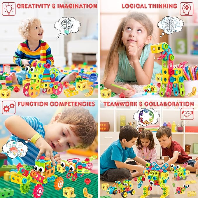 NXONE 195 PCS Educational STEM Toys for Boys and Girls Ages 3 4 5 6 7 8 9 10 Construction Building Blocks Toy Building Sets Kids Toys Creative Activities Games with Storage Box