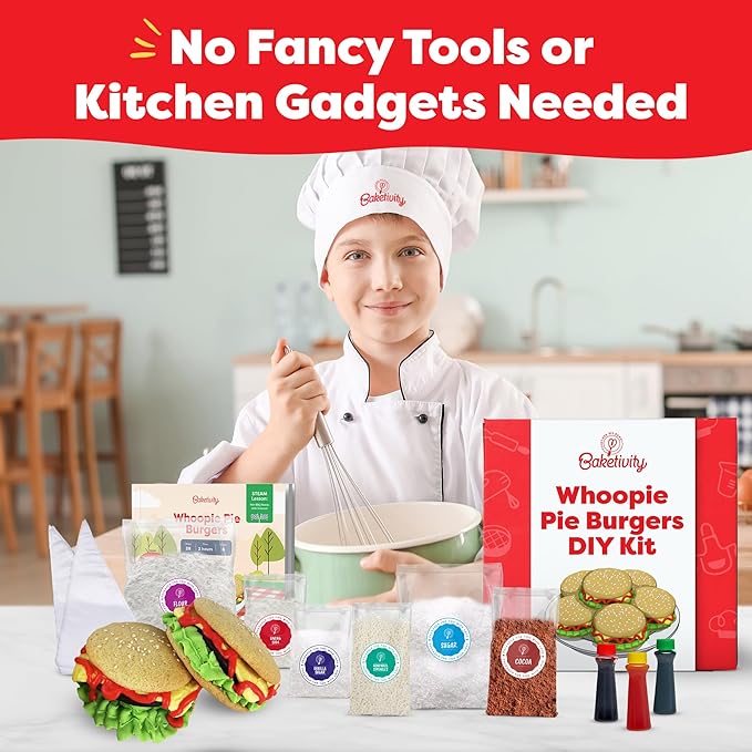 Baketivity Whoopie Pie Burgers Baking Kit for Kids - Kids Baking Set - Real Cooking Set for Girls & Boys Ages 5-12 - Kids Baking Kit with Premeasured Ingredients, STEM Kit for Kids with Instructions