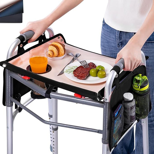BAGSFY Walker Tray with Cup Holder & 2 Side Pockets, Folding Walker Table for Seniors | Sturdy, Easy-Clean Tray with PEVA Surface | Universal Fit for Standard Walkers, Walker Accessory for Elderly