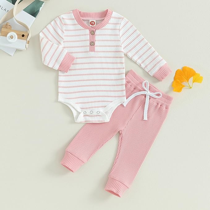 Newborn Baby Boy Girl Clothes Ribbed Knitted Long Sleeve Romper Pants Solid Cotton Infant Fall Winter Outfits 2Pcs