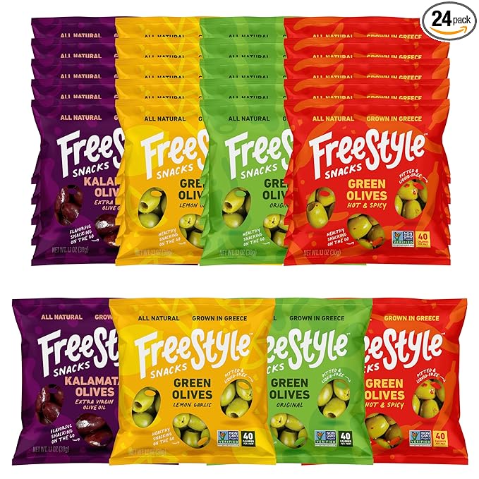 Freestyle Snacks Olive Snack Packs - 24 Pack Variety - Original Green, Hot & Spicy, Lemon Garlic, and Kalamata - Grown in Greece, All Natural, Non-GMO, Paleo, Sugar-Free, Keto Snack, 1.1oz (24 Pack)