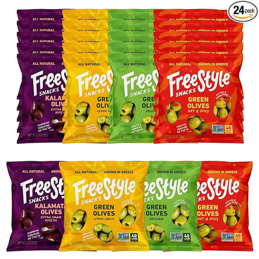 Freestyle Snacks Olive Snack Packs - 24 Pack Variety - Original Green, Hot & Spicy, Lemon Garlic, and Kalamata - Grown in Greece, All Natural, Non-GMO, Paleo, Sugar-Free, Keto Snack, 1.1oz (24 Pack)