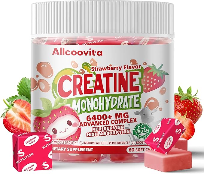 Creatine Monohydrate Chews Complex 6400mg for Men & Women -Advanced Formula W/L-Taurine + Vitamin B12, Sugar Free Chewable Supplement,60 Strawberry Softchews