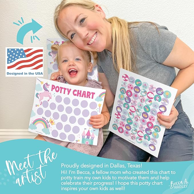 Hadley Designs Potty Training Chart for Girls with Fun Reward Stickers – 10 Potty Chart for Toddlers Girls, 8.5x11" Potty Training Sticker Chart for Toilet Success, Unicorn Reward Chart for Kids