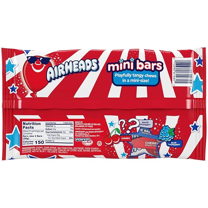 Airheads Candy Mini Bars, Red, White, & Blue, Assorted Flavors Variety Bag, Party, Non-Melting, 12 oz Bag