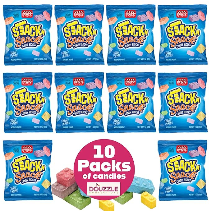 DOUzzle Back To School Stack 'n Snack Candy Blocks, Edible Building Bricks Blox (10 Count, 1 Pack) Individually Wrapped, Party Favor, Goodie Bag & Pinata Filler - Kosher Parve