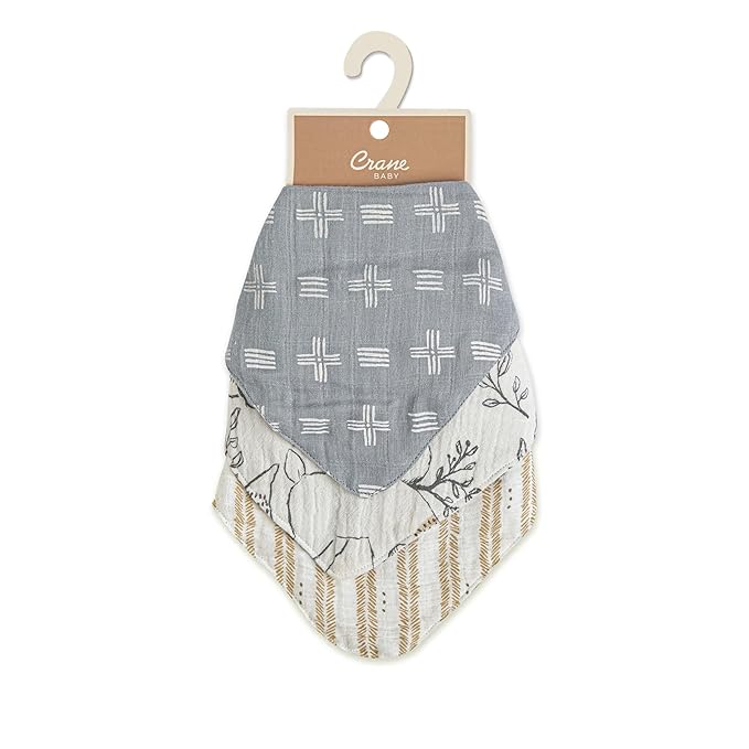 Crane Baby Bandana Bibs, Soft Muslin Adjustable Absorbent Bib Set, 3 Pack, 100% Cotton, Woodland Animal Baby Set For Newborns, Cotton Drool Bibs For Eating