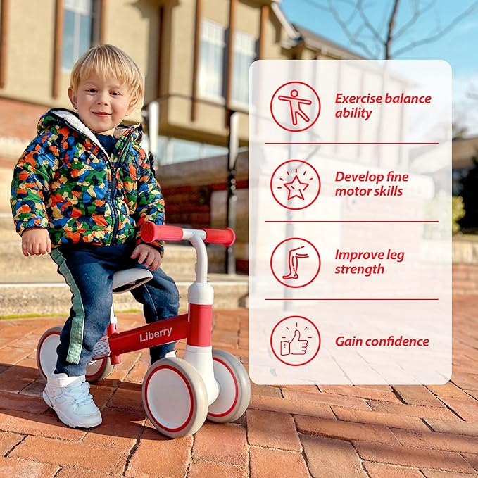 Liberry Baby Balance Bike for 1 Year Old Girls, 4 Wheels Toddler Balance Bike with Adjustable Seat, 12-24 Months Infant's First Birthday Gift (Red)