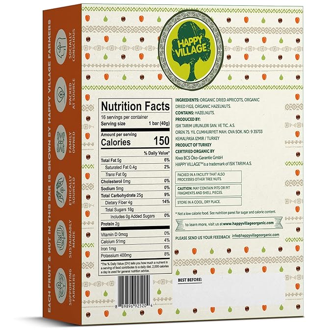 Happy Village Organic Fig & Nut Bar, APRICOT | Only 3 Ingredients, Gluten Free, No Added Sugar, Kosher, Non-GMO, Vegan, Good Source of Fiber | Organic Healthy Snack Bars (16 bars, 1.4 OZ each)