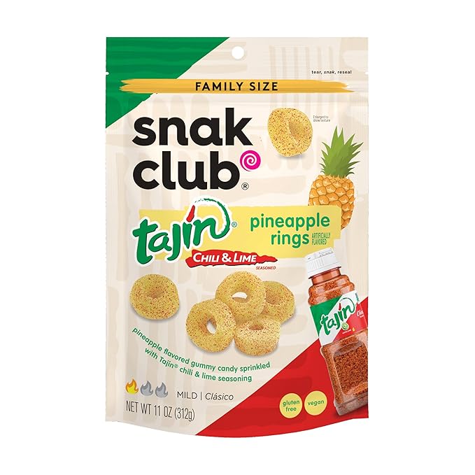 Snak Club Tajin Pineapple Rings Gummy Candy, Fruit Candy Gummies with Chili and Lime Seasoning, Mild, Gluten-Free and Vegan Snacks, 11 oz Resealable Bag