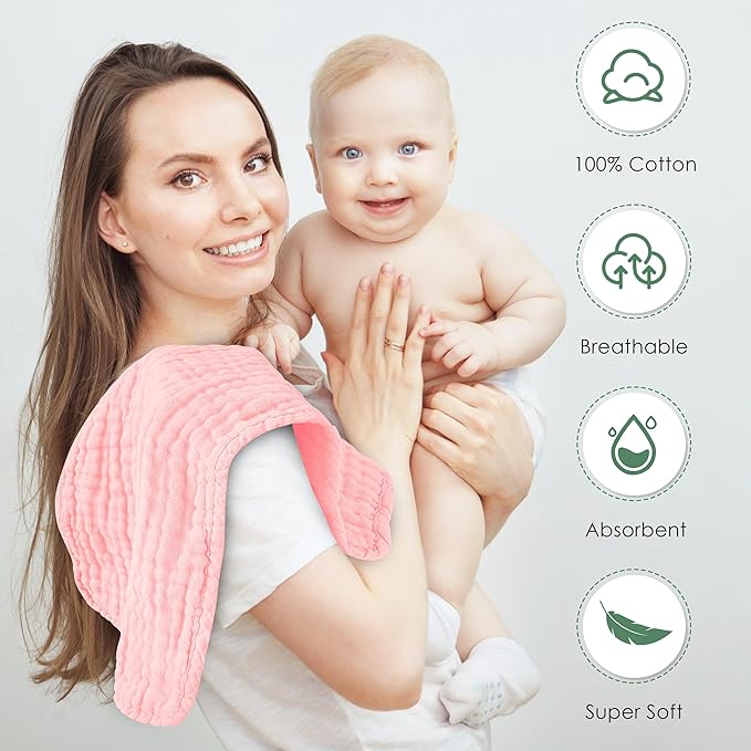 Muslin Burp Cloths 100% Cotton Large 20''x10'' Extra Soft and Absorbent Baby Wash Cloths Spit Up Rags - Baby Burping Cloth for Boys Girls Items(12 Pack Pink)