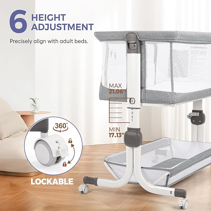 Baby Bassinet Bedside Sleeper, Upgraded Stability Bedside Crib with Full Mesh Sides, Soft Sheet, 6-Height Adjustment, Storage Basket, Easy Folding Portable Bassinet for Newborns, Gray