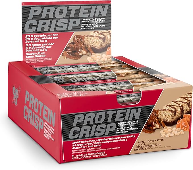 BSN Protein Crisp Bar, Salted Toffee Pretzel, 20 Gram Protein Snack Bars with Whey and Fiber, Gluten-Free Crunchy Energy Bars for Workout, Fitness, On-the-Go, 12 Count