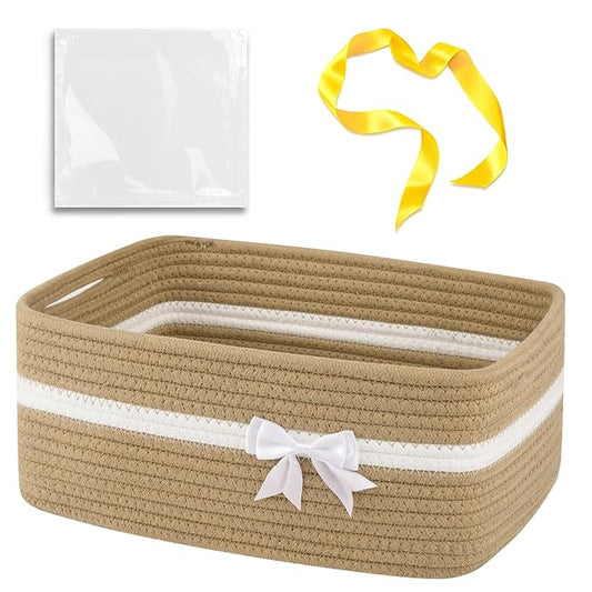 OIAHOMY Large Woven Storage Basket with Handles for Nursery Living Room Shelves, Bow Basket for Gifts Empty with Gift Bags and Ribbons for Baby Showers Pet Toy Bin - Yellow