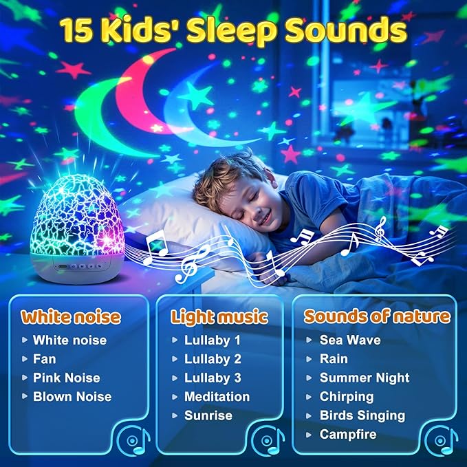 Baby Sound Machine Night Light Projector | 15 Sleeping Sounds & 3D Films | 31Colors & Remote Control | Autism Toys Night Light for Kids, Baby White Noise Machine, Baby Boy Toys, Egg Light for Nursery