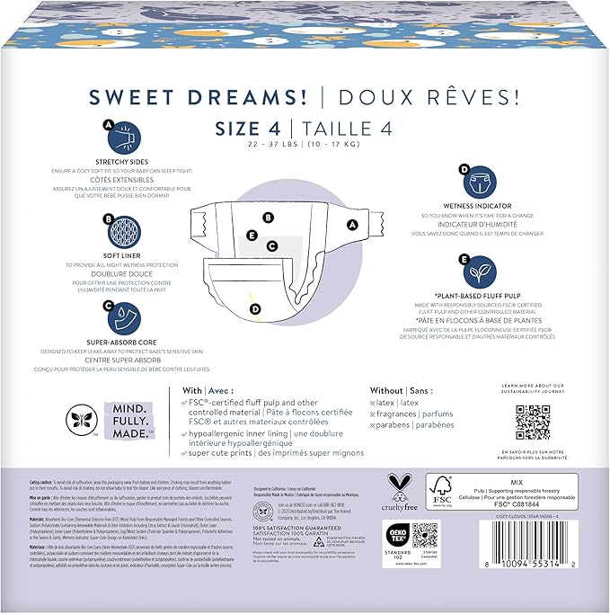 The Honest Company Clean Conscious Overnight Diapers for Sensitive Skin | Hypoallergenic, Fragrance Free | Cozy Cloud + Star Signs | Club Box, Size 4 (22-37 lbs), 48 Count