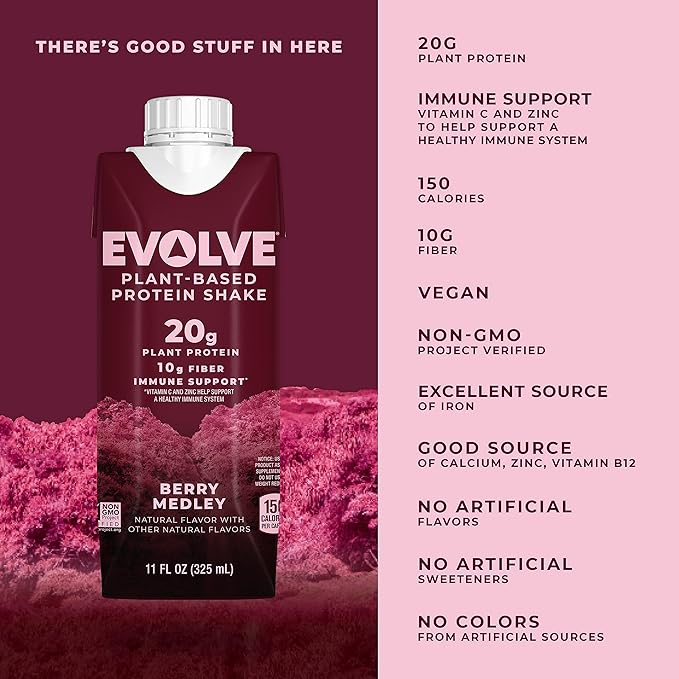 Evolve Plant Based Protein Shake, Berry Medley, 20g Vegan Protein, Immune Support, Vitamin C & Zinc, Dairy Free, No Artificial Sweeteners, Non-GMO, 10g Fiber, 11oz, (12 Pack) (Formula May Vary)