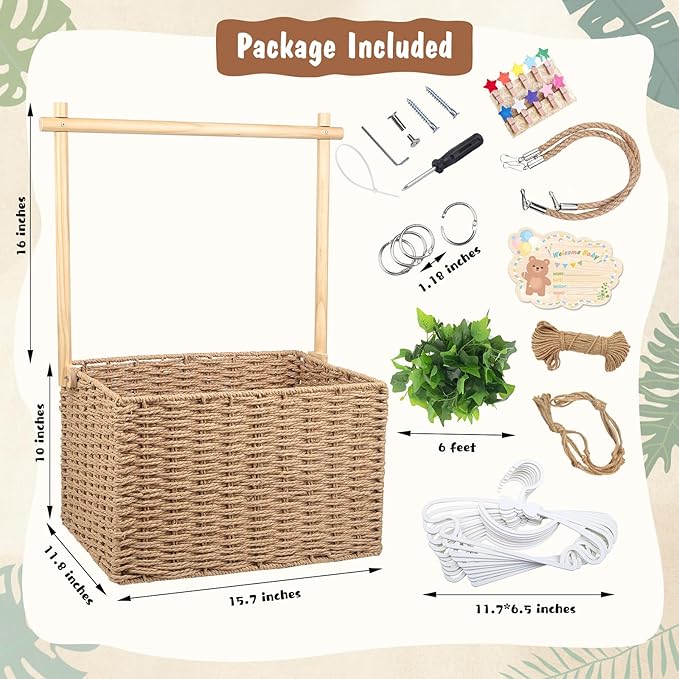 Wooden Woven Baby Shower Crate – Foldable Storage Basket with Handles, Handwoven Gift Box for Baby Shower & Newborn Essentials, Welcome Gift for Baby Shower, Newborn Boys Girls