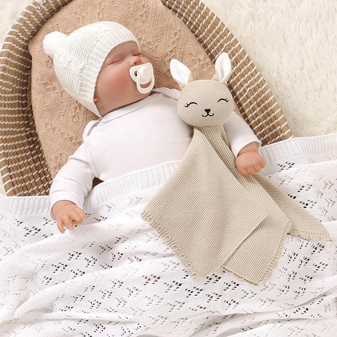 LAWKUL Bunny Lovey Baby Blanket Soft Cuddly Security Blanket Knit Snuggle Comfort for Newborns Toddler Boy Girl Camel 16x16in