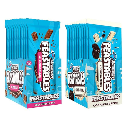 Feastables MrBeast Milk & Cookies Pack, King Size Milk Chocolate & Cookies & Creme Bars, 10 Each, Candy Bars for Adults & Kids as Snacks, Gifts, or Dessert, Fairtrade Cocoa, 2.1 Oz Each, 20 Count
